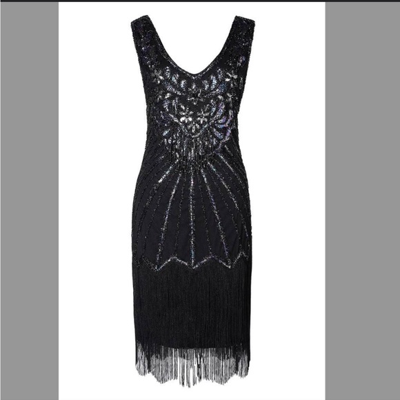 BABEYOND 1920s Flapper VNeck Sequin Beaded Roaring 20s Gatsby Fringe Party Dress - Picture 2 of 11